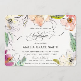 Invitación Moda Elegante Moderno Acuarela Baptismo Floral