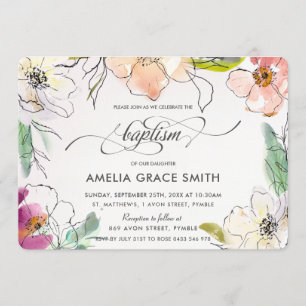 Invitación Moda Elegante Moderno Acuarela Baptismo Floral