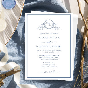 Invitación Moda elegante Monograma formal Boda azul turbio