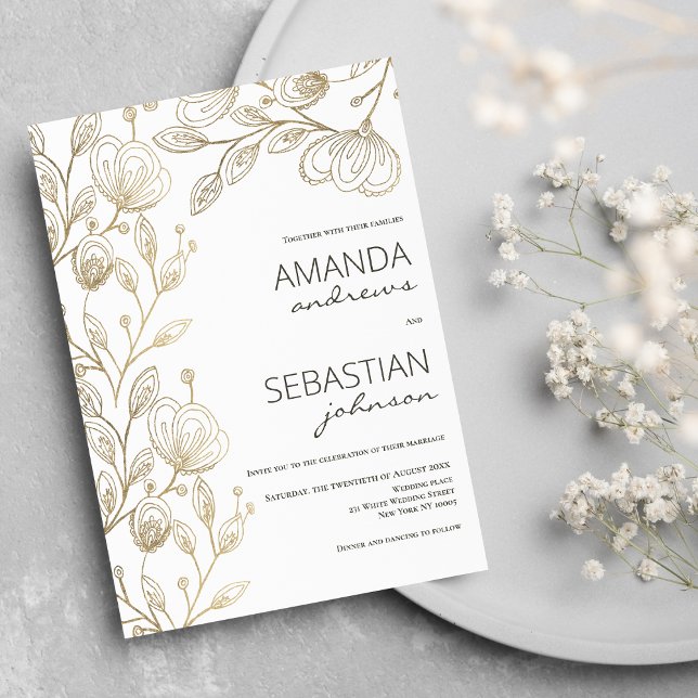 Invitación Moda elegante oro blanco encaje floral boda (Chic elegant white gold lace floral theme wedding)