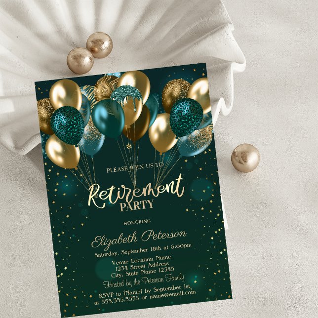 Invitación Moda Elegante Oro Globos Verdes Jubilación Verde (Subido por el creador)