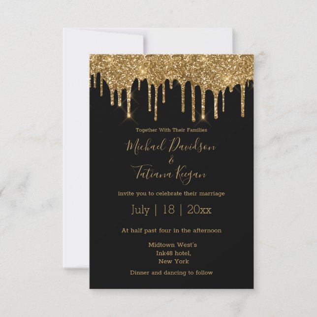 Invitación moda elegante oro goteo purpurina boda negro (Anverso)