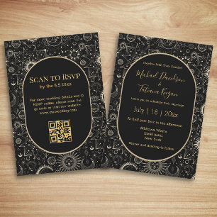 Invitación moda elegante oro negro místico boda de código qr