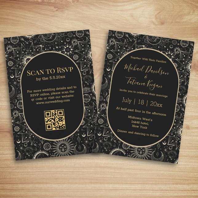 Invitación moda elegante oro negro místico boda de código qr (Subido por el creador)