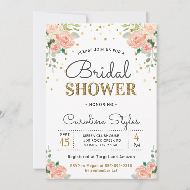 Invitación Moda Elegante Peony Parejas Negras Florales Ducha (Anverso)