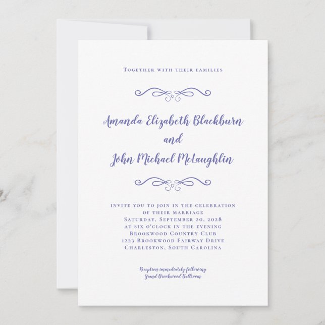 Invitación Moda Elegante Periwinkle Boda formal azul blanco (Anverso)