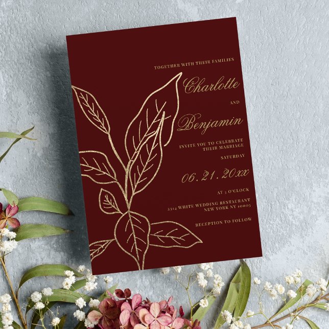 Invitación Moda elegante purpurina de oro burdeos  boda flora (Chic elegant burgundy gold glitter floral wedding)