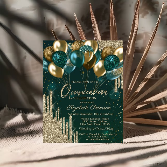 Invitación Moda Elegante Purpurina de Oro Perfora Globos Verd (Subido por el creador)