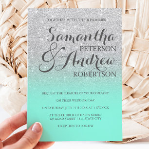 Invitación Moda elegante purpurina plateado menta boda verde