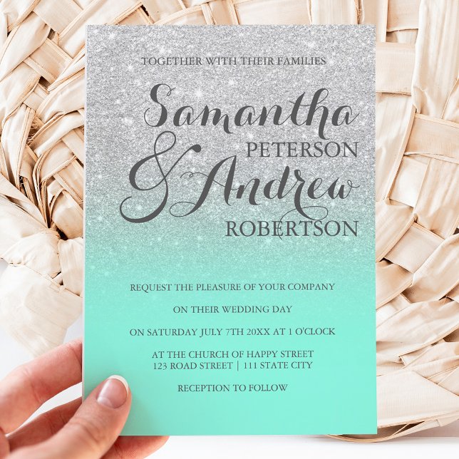 Invitación Moda elegante purpurina plateado menta boda verde (Subido por el creador)