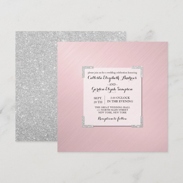 Invitación Moda Elegante Purpurina rosado  Metálico Boda (Anverso / Reverso)