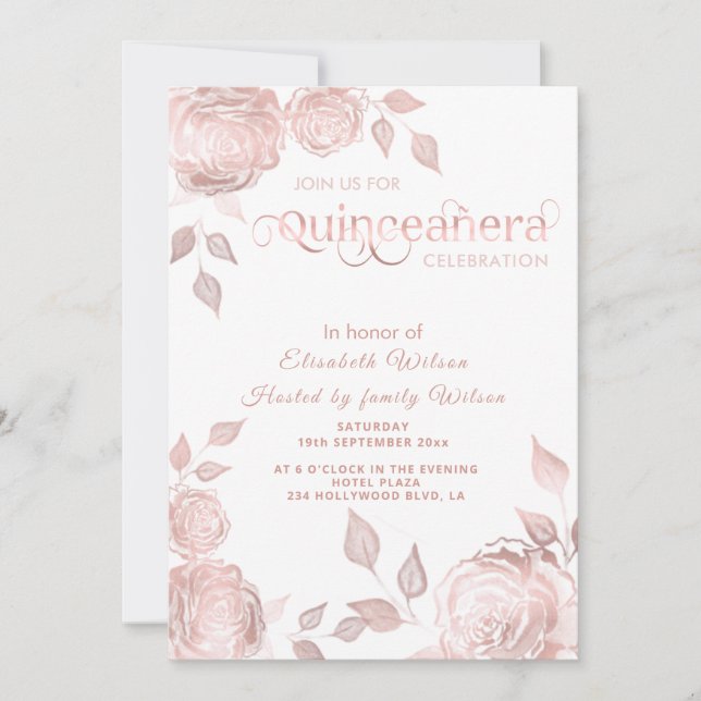 Invitación Moda elegante Rosa rosas de oro Quinceañera (Anverso)