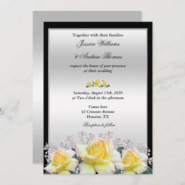 Invitación Moda Elegante Rosas Boda Plata (Anverso / Reverso)