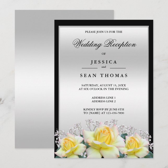 Invitación Moda Elegante Rosas Recepción de Boda Plata (Anverso / Reverso)