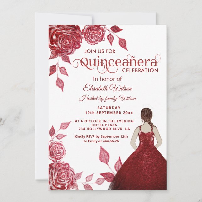 Invitación Moda elegante rosas rojas románticas Quinceañera (Anverso)
