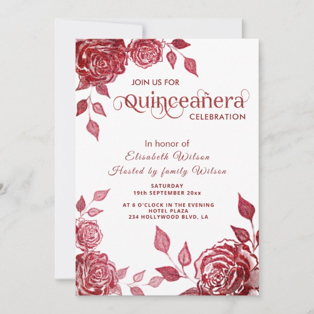 Invitación Moda elegante rosas rojas románticas Quinceañera (Anverso)