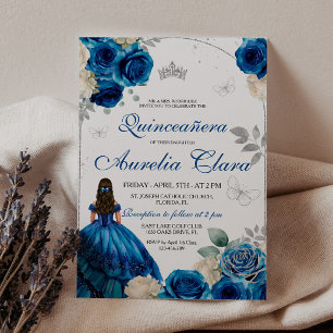 Invitación Moda elegante Rosas Royal Blue Quinceanera de oro