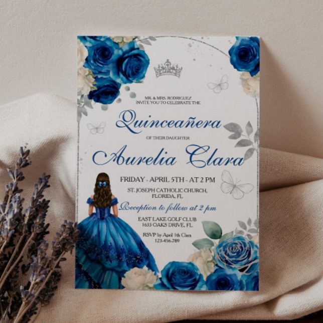 Invitación Moda elegante Rosas Royal Blue Quinceanera de oro (Subido por el creador)