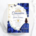 Invitación Moda elegante Rosas Royal Blue Quinceanera de oro<br><div class="desc">Invitación a la celebración de Quinceanera azul, dorado y blanco real. Cuenta con chica de morena en vestido de bata de bola, letra de guión, mariposas doradas, rosas azul marino y tiara. Perfecto para una elegante celebración de glam al estilo de la princesa. Personaliza con tus propios detalles. Invitaciones Zazzle...</div>