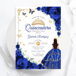 Invitación Moda elegante Rosas Royal Blue Quinceanera de oro