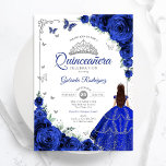 Invitación Moda elegante Royal Blue Silver Floral Quinceanera<br><div class="desc">Invitación a la celebración de Quinceanera azul, plata y blanco real. Cuenta con chica de morena en vestido de bata de bola, letra de guión, mariposas plateadas, rosas azules y tiara. Perfecto para una elegante celebración de glam al estilo de la princesa. Personaliza con tus propios detalles. Invitaciones Zazzle impresas...</div>