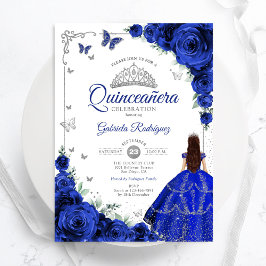 Invitación Moda elegante Royal Blue Silver Floral Quinceanera