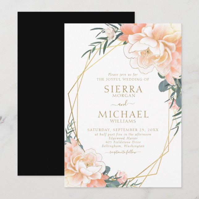 Invitación Moda Elegante Rubor Gold Peach Black Floral Boda (Anverso / Reverso)