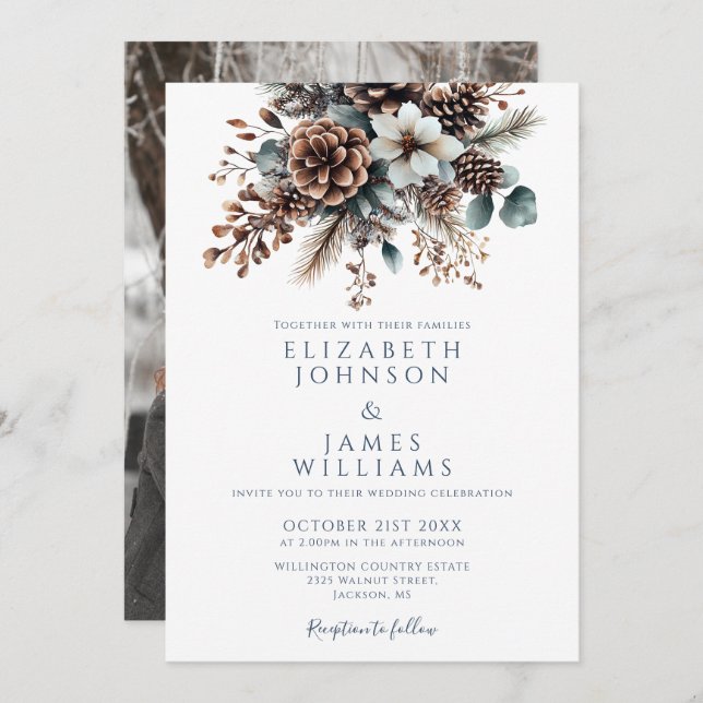 Invitación Moda Elegante Rústico Floral Pinecone Boda de foto (Anverso / Reverso)