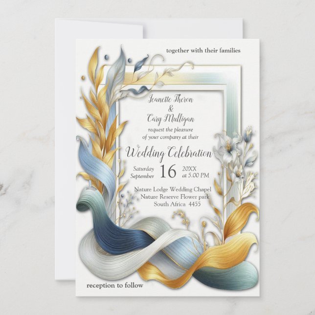 Invitación Moda Elegante Swirls en oro, plata, azul, amarillo (Anverso)