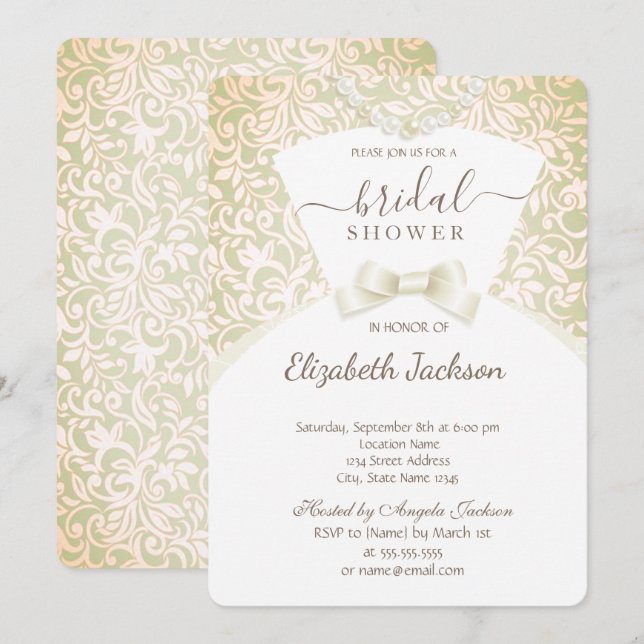 Invitación Moda Elegante Vestido De Novia Damask Ducha De Nov (Anverso / Reverso)