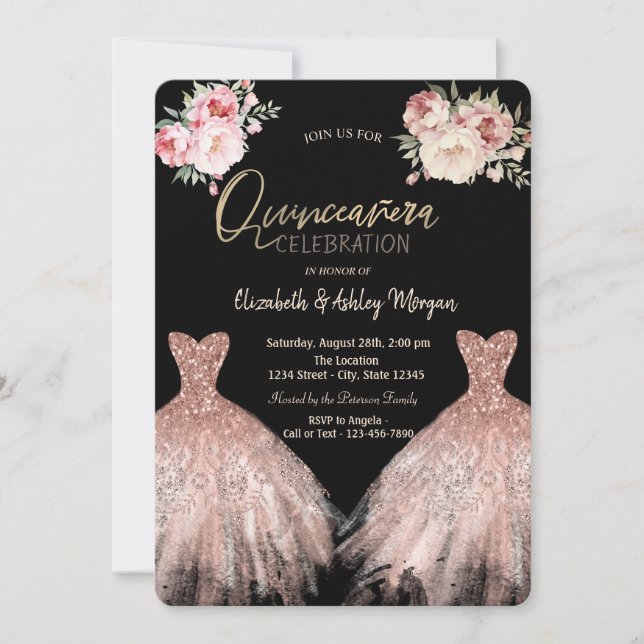 Invitación Moda Elegante Vestido Floral Negro Quinceanera (Anverso)