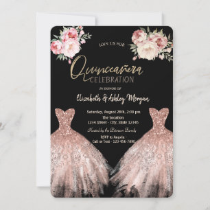 Invitación Moda Elegante Vestido Floral Negro Quinceanera