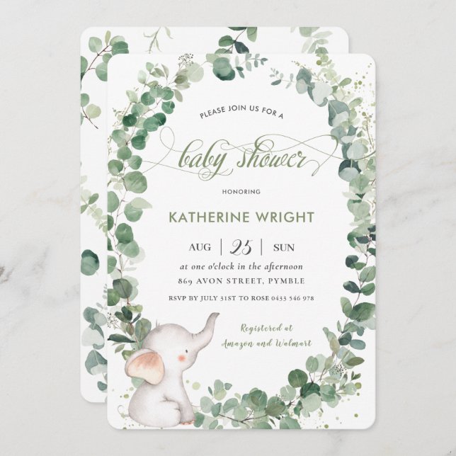 Invitación Moda Elephant Greenery Género Baby Shower neutral (Anverso / Reverso)