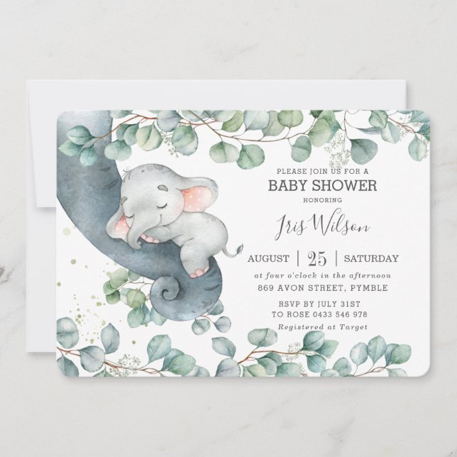 Invitación Moda Elephant Leafy Greenery Chica de Baby Shower (Anverso)
