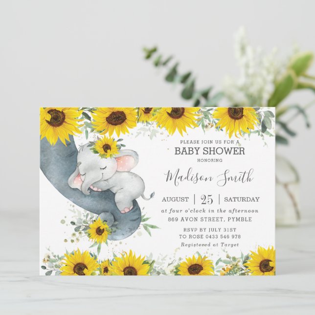 Invitación Moda Elephant Sunflower Floral Baby Shower Chica (Anverso de pie)