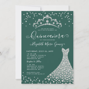 Invitación Moda Emerald Green Diamante Tiara Gown Quinceanera