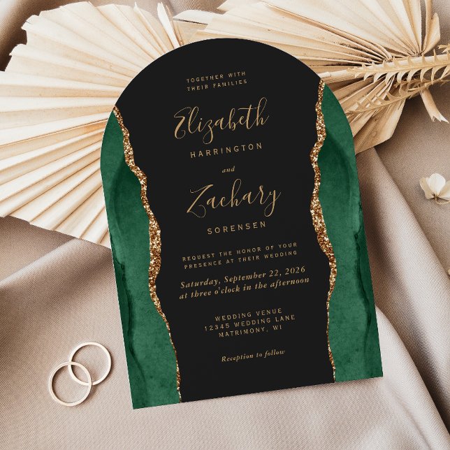 Invitación Moda Emerald Green Gold Agate Dark Arch Boda (Subido por el creador)
