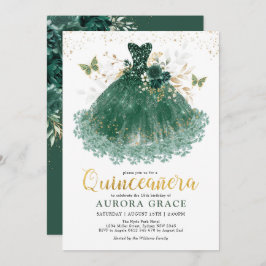 Invitación Moda Emerald Green Gold Quinceañera Princess Gown