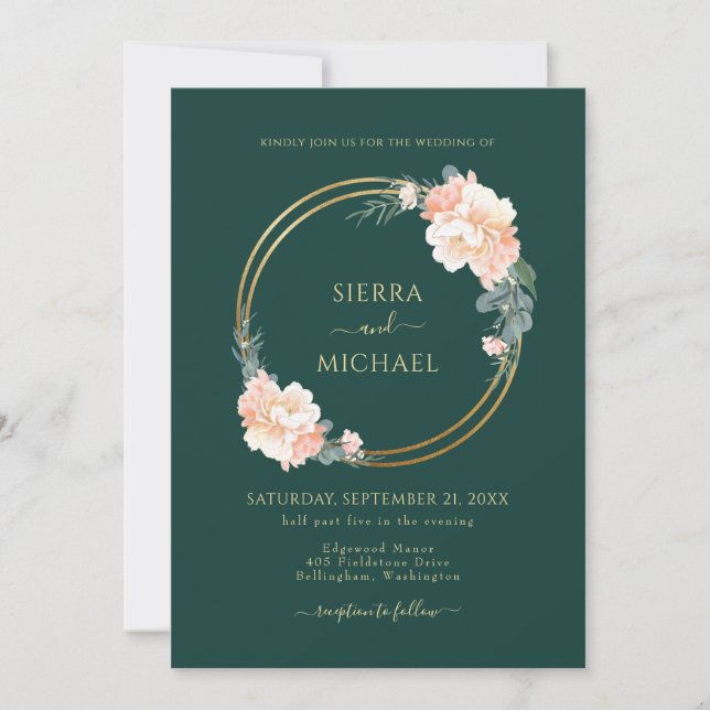 Invitación Moda Emerald Green Gold Rings Rubor Floral Boda (Anverso)