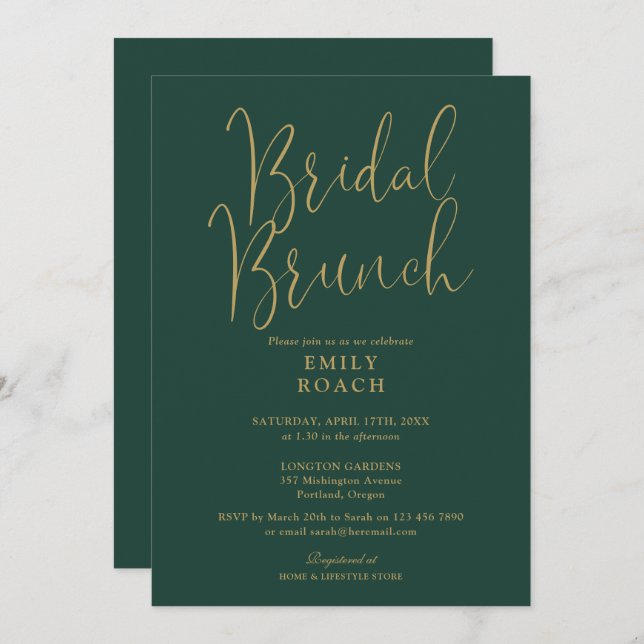 Invitación Moda Emerald Green Gold Script Bridal Bunch Shower (Anverso / Reverso)