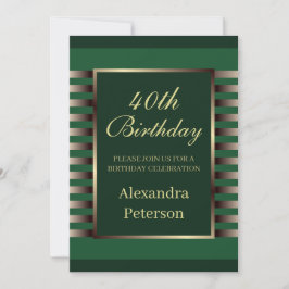 Invitación Moda Emerald Green Gold Stripes Cumpleaños Geométr