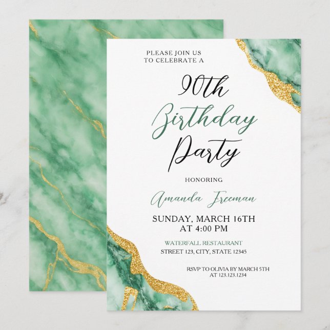 Invitación Moda Emerald Green y Oro 90 cumpleaños (Anverso / Reverso)