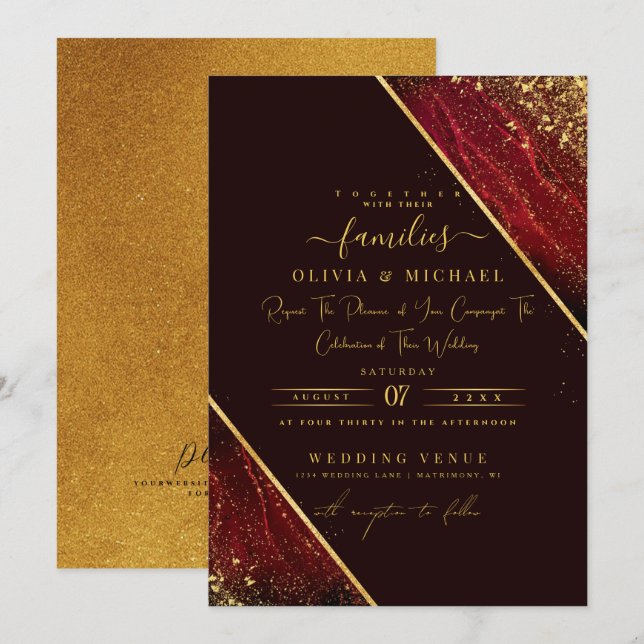 INVITACIÓN MODA EMERALD RELIEVE METALIZADO OSCURO ROJO ABSTRA (Anverso / Reverso)