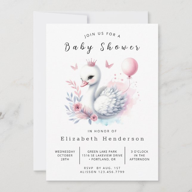 Invitación Moda en línea Swan Baby Shower (Anverso)