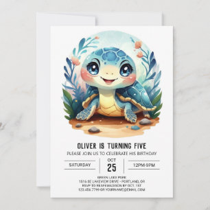 Invitación Moda Encantada Turtle Azul Niño Cumpleaños