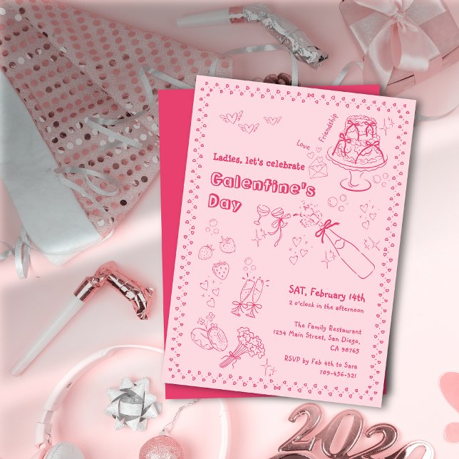 Invitación Moda entrega champán al Fiesta del Día de Galentin (Chic Hand Drawn Champagne Galentine's Day Party)
