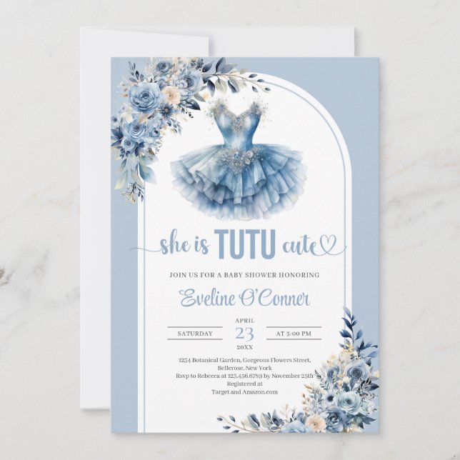Invitación Moda es TUTU lindo Baby Shower floral azul marino (Anverso)