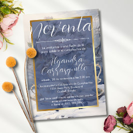 Invitación Moda española Blue Gold Fiesta de té 90 cumpleaños