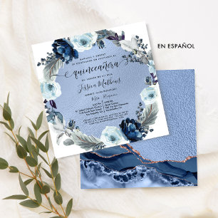 Invitación Moda Española Flores Azules Agate Relieve metaliza