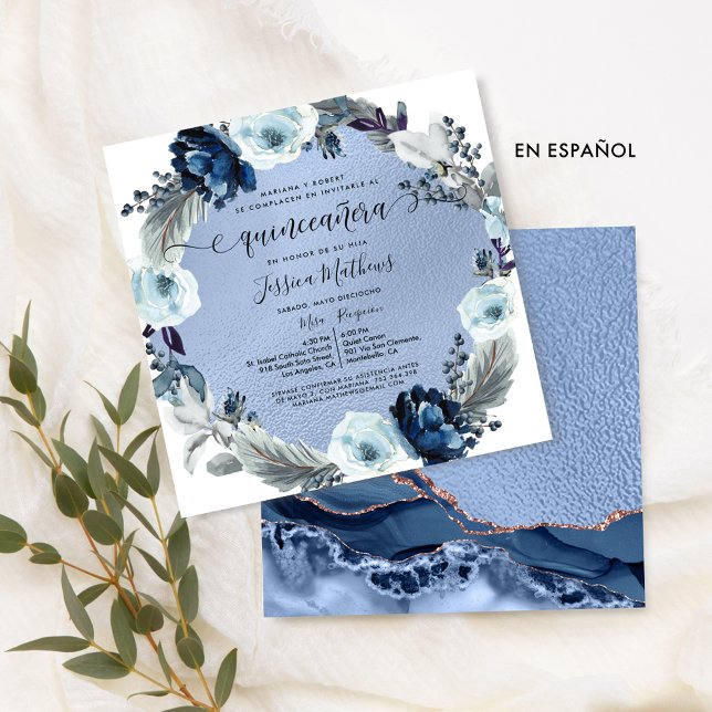 Invitación Moda Española Flores Azules Agate Relieve metaliza (Subido por el creador)